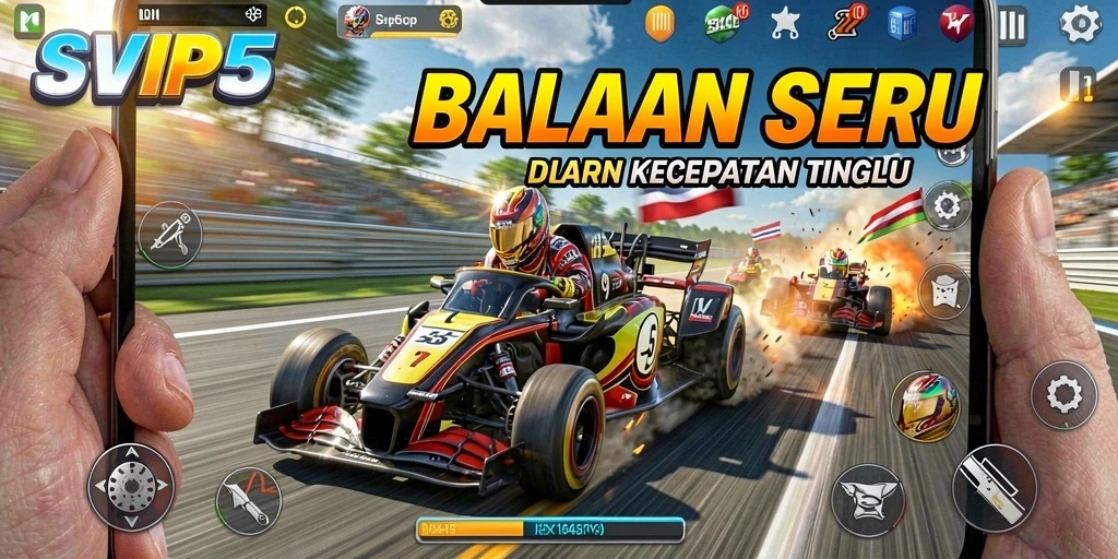 Screenshot utama SVIP5 memperlihatkan aksi balapan yang mendebarkan dan mobil yang keren.