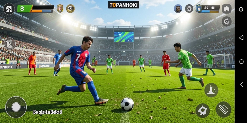 Screenshot gameplay TOPANHOKI dengan aksi sepak bola yang mendebarkan.
