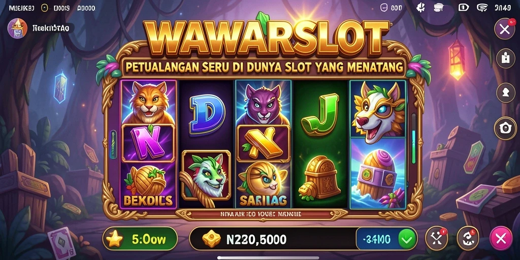 Screenshot gameplay petualangan seru WAWARSLOT dengan latar penuh warna.