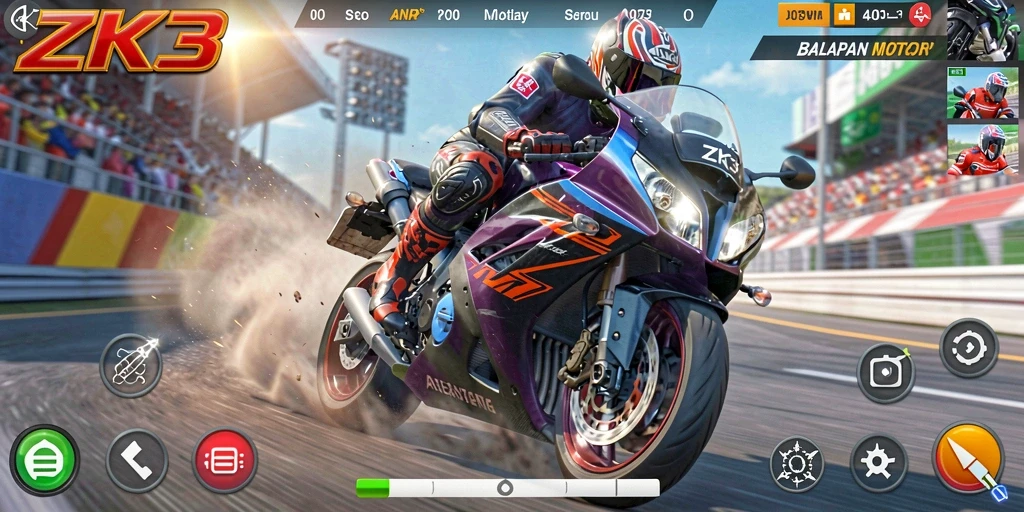 Tampilan gameplay seru dari ZK3 saat balapan motor.
